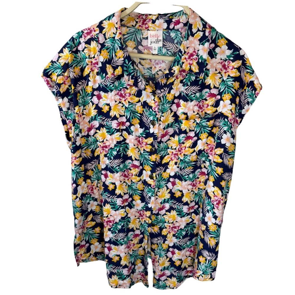 Belle du Jour Womens Tropical Floral Rayon Button Down Shirt LG 019‎